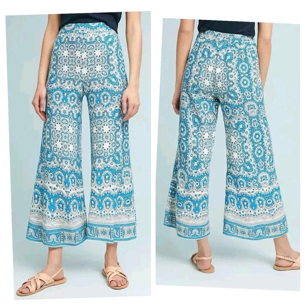 Anthropologie Feather Bone Talese Wide Leg Crop Pants Blue Paisley‎ Print Size 0
